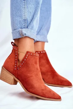 Botki Damskie Na Słupku Zamszowe Ażurowe Pomarańczowe Margate