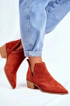 Botki Damskie Na Słupku Zamszowe Ażurowe Pomarańczowe Margate