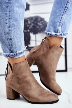 Botki Damskie Na Słupku Zamszowe Beżowe Mimosa