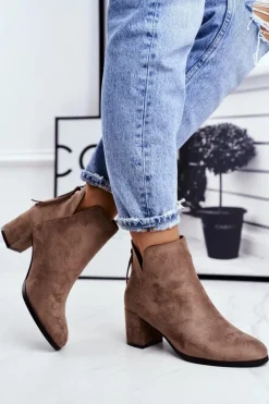 Botki Damskie Na Słupku Zamszowe Beżowe Mimosa