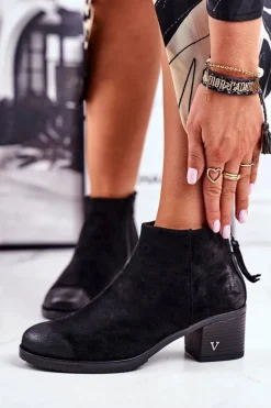 Botki Damskie Na Słupku Zamszowe Czarne Volares
