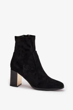 Botki Damskie Na Słupku Ze Złotym Elementem Ocieplane Czarne Amelisse