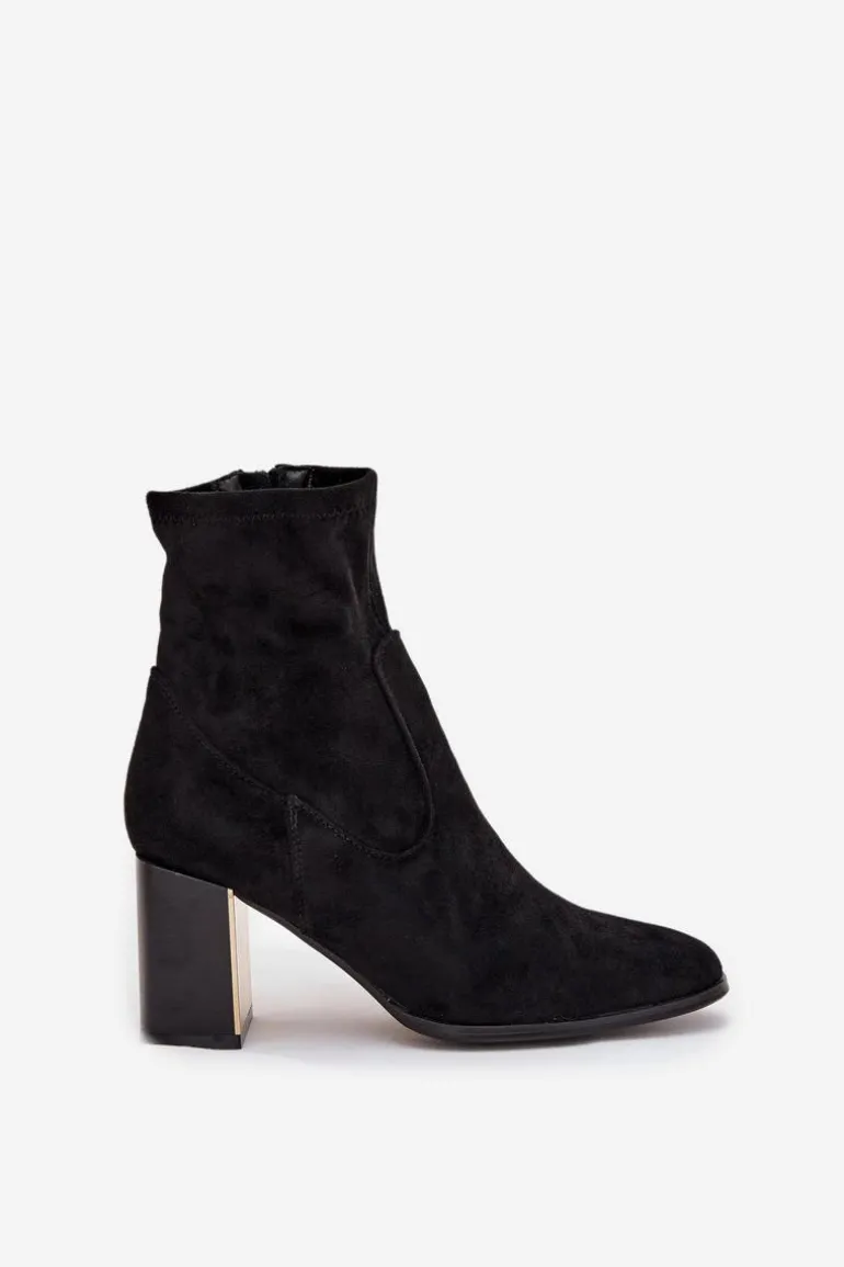 Botki Damskie Na Słupku Ze Złotym Elementem Ocieplane Czarne Amelisse