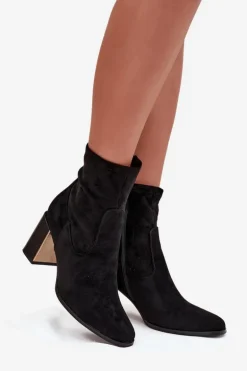 Botki Damskie Na Słupku Ze Złotym Elementem Ocieplane Czarne Amelisse