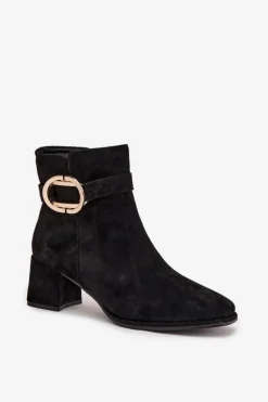 Botki Damskie Na Słupku Ze Złotą Klamrą Czarne Calissa