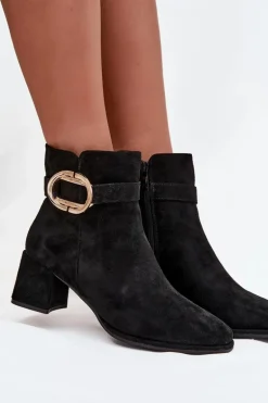 Botki Damskie Na Słupku Ze Złotą Klamrą Czarne Calissa