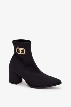 Botki Damskie Na Słupku Ze Złotym Detalem Zazoo 3128 Czarne