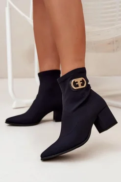 Botki Damskie Na Słupku Ze Złotym Detalem Zazoo 3128 Czarne