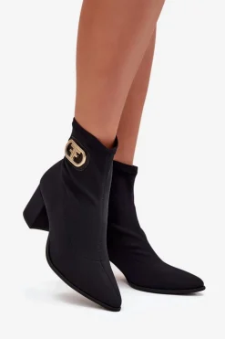 Botki Damskie Na Słupku Ze Złotym Detalem Zazoo 3128 Czarne