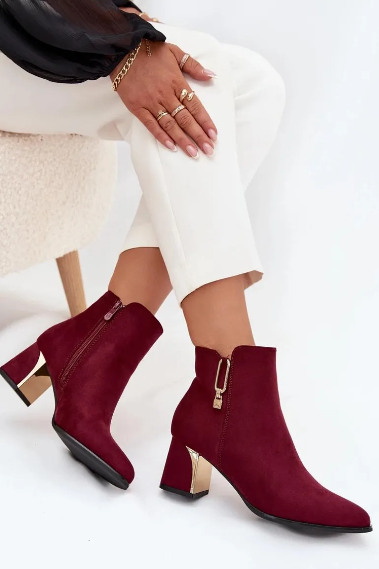 Botki Damskie Na Słupku Ze Złotymi Detalami Bordowe Kalivra