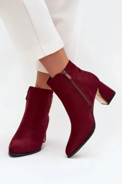 Botki Damskie Na Słupku Ze Złotymi Detalami Bordowe Kalivra