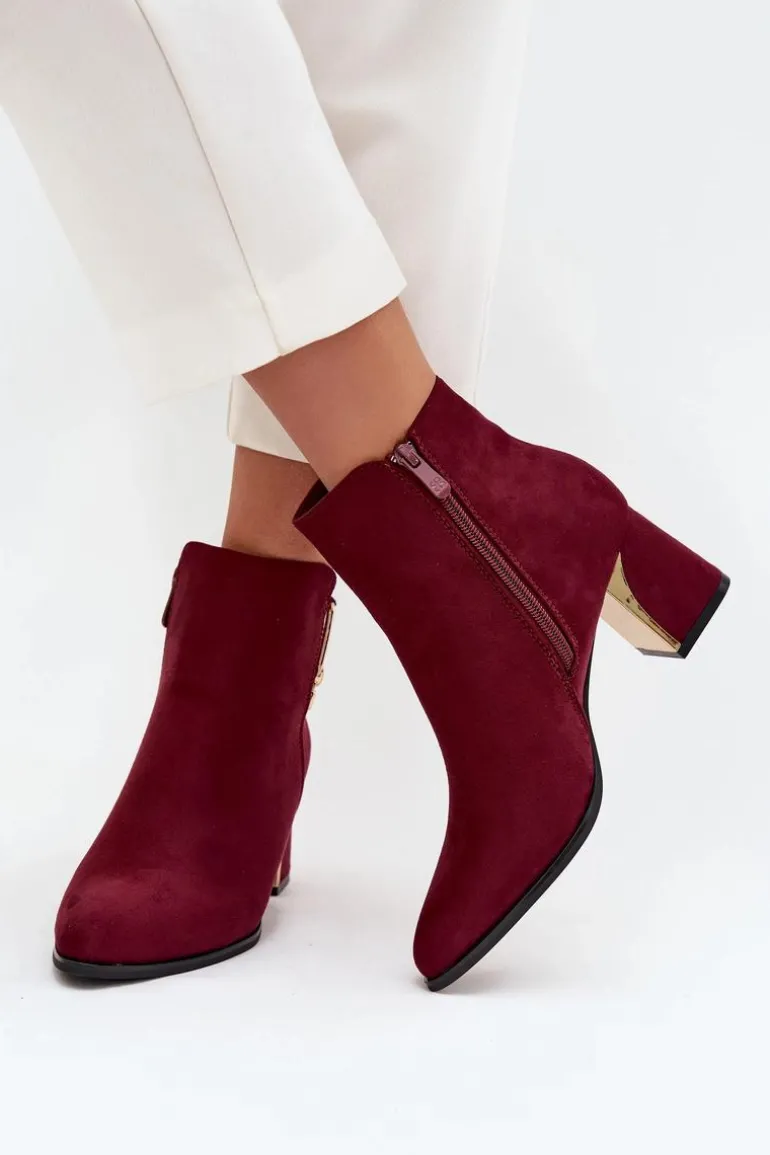 Botki Damskie Na Słupku Ze Złotymi Detalami Bordowe Kalivra