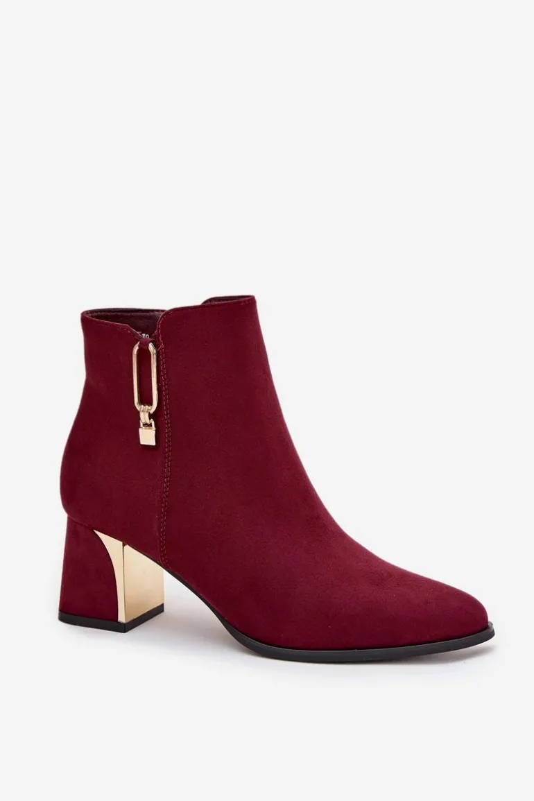 Botki Damskie Na Słupku Ze Złotymi Detalami Bordowe Kalivra