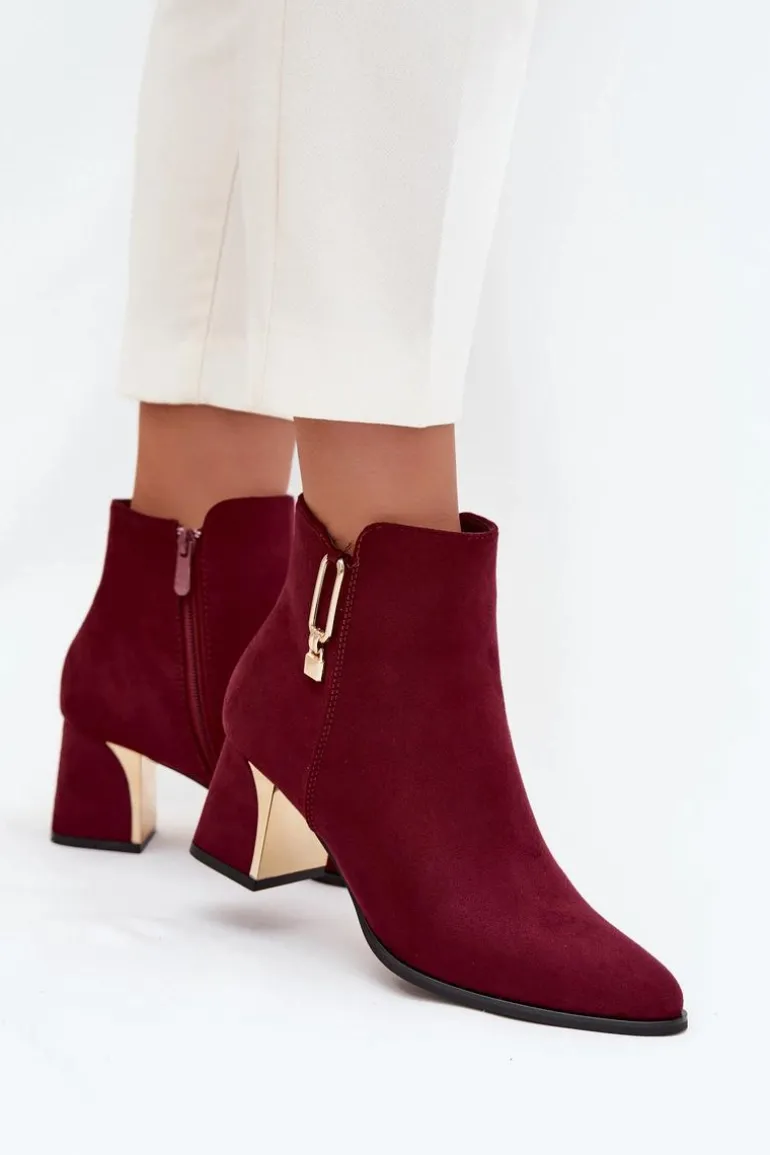 Botki Damskie Na Słupku Ze Złotymi Detalami Bordowe Kalivra