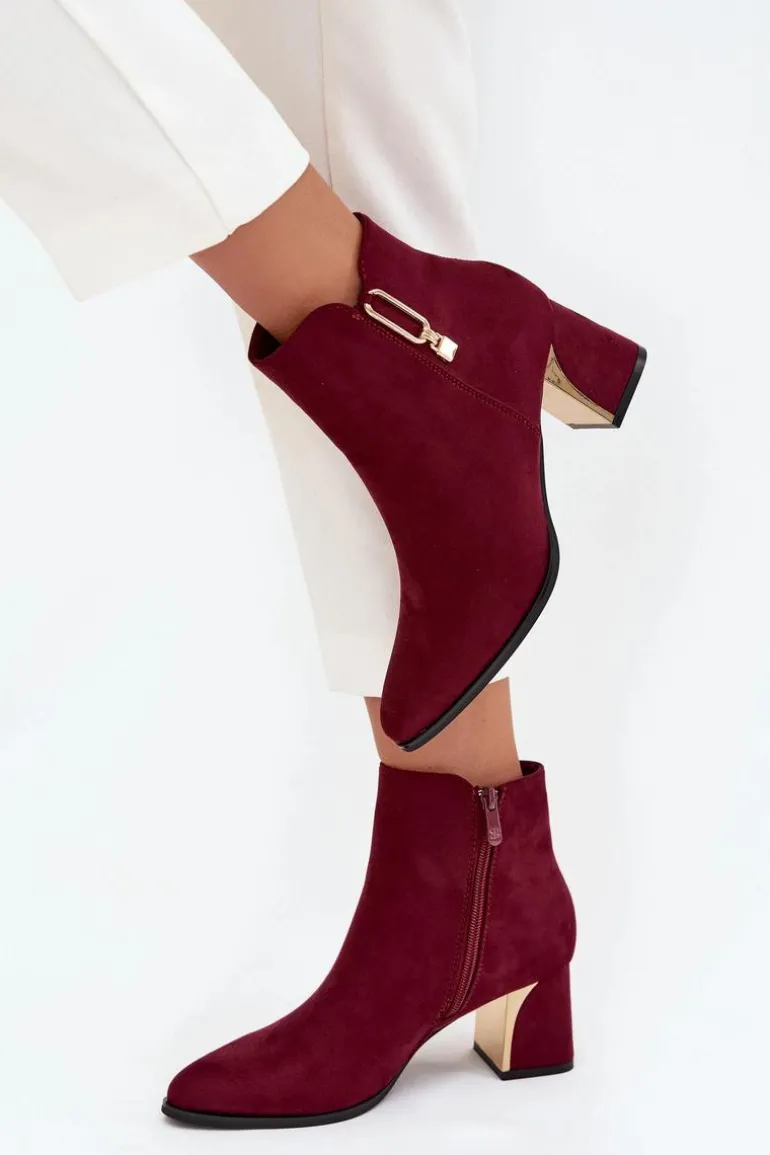 Botki Damskie Na Słupku Ze Złotymi Detalami Bordowe Kalivra