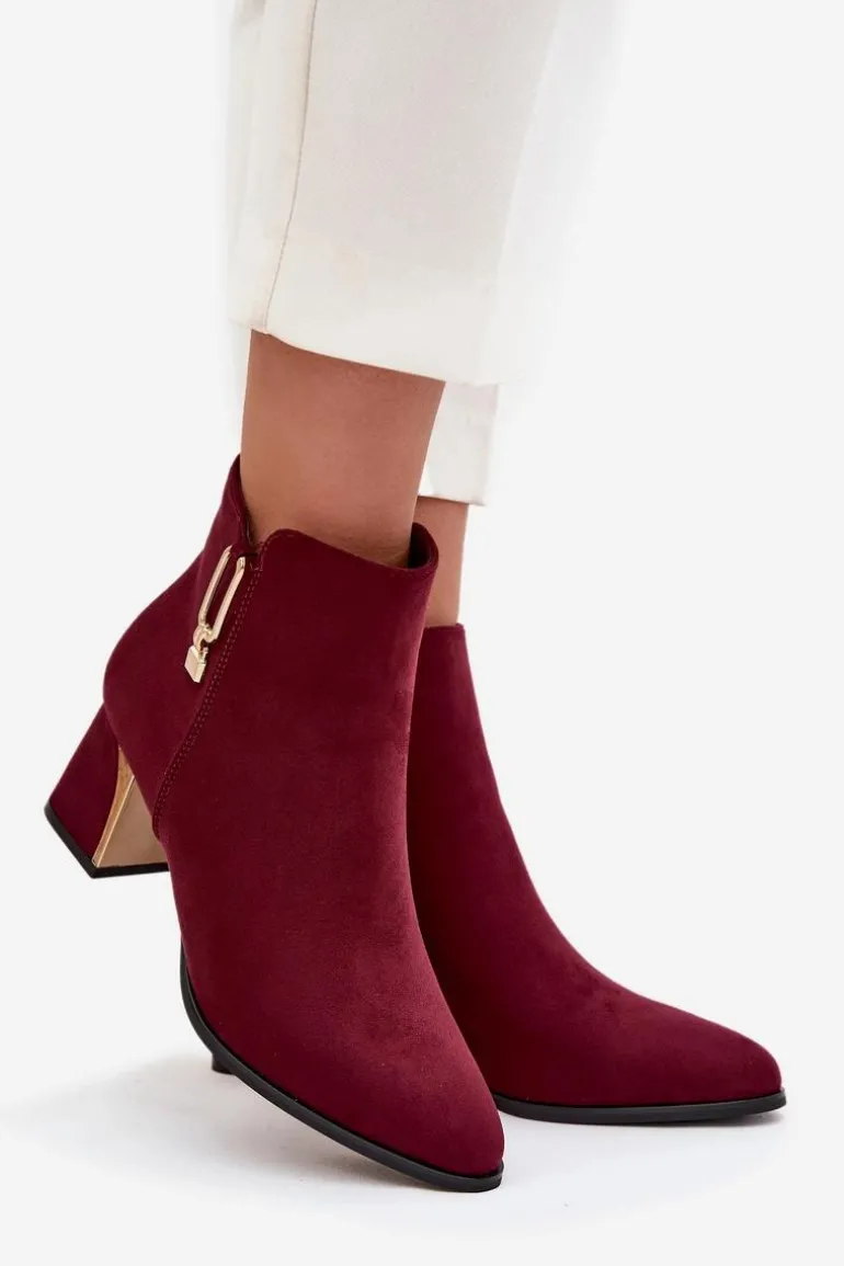 Botki Damskie Na Słupku Ze Złotymi Detalami Bordowe Kalivra