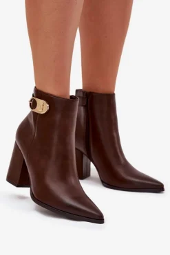 Botki Damskie Na Słupku Ze Złotym Detalem Czekoladowe Tharina