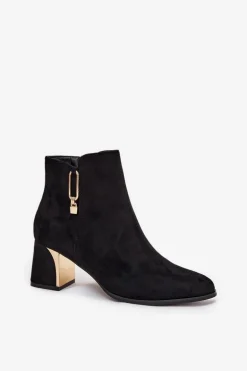 Botki Damskie Na Słupku Ze Złotymi Detalami Czarne Kalivra