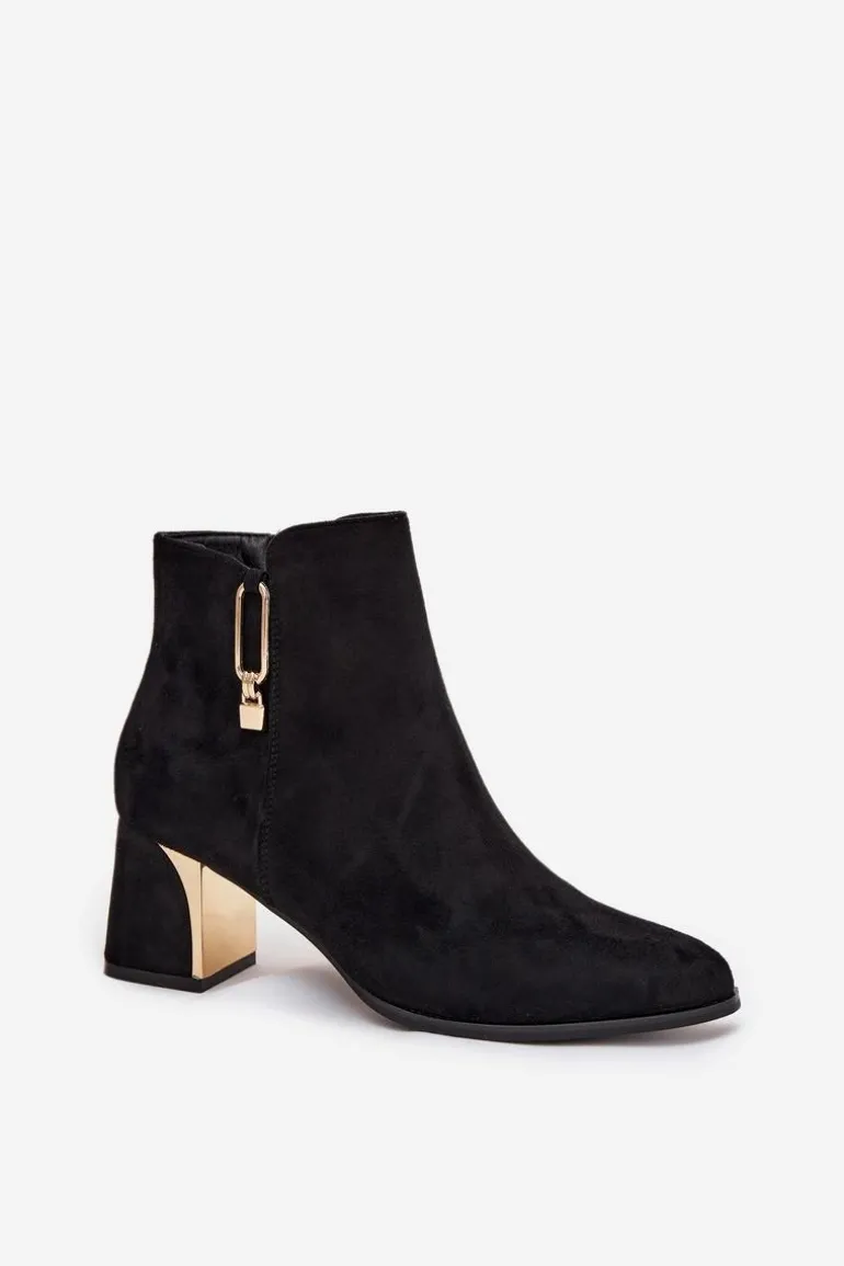 Botki Damskie Na Słupku Ze Złotymi Detalami Czarne Kalivra