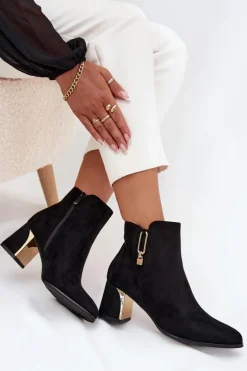 Botki Damskie Na Słupku Ze Złotymi Detalami Czarne Kalivra