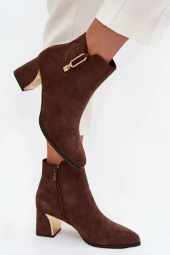 Botki Damskie Na Słupku Ze Złotymi Detalami Brązowe Kalivra