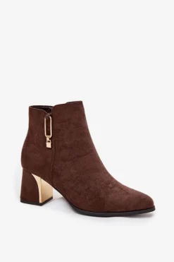 Botki Damskie Na Słupku Ze Złotymi Detalami Brązowe Kalivra