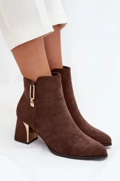 Botki Damskie Na Słupku Ze Złotymi Detalami Brązowe Kalivra