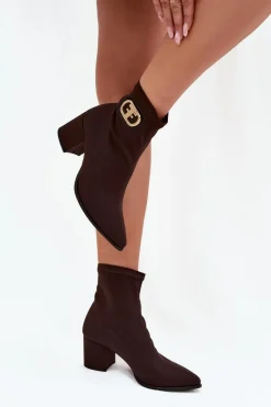 Botki Damskie Na Słupku Ze Złotym Detalem Zazoo 3128 Czekoladowe