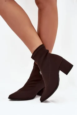 Botki Damskie Na Słupku Ze Złotym Detalem Zazoo 3128 Czekoladowe