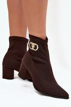 Botki Damskie Na Słupku Ze Złotym Detalem Zazoo 3128 Czekoladowe