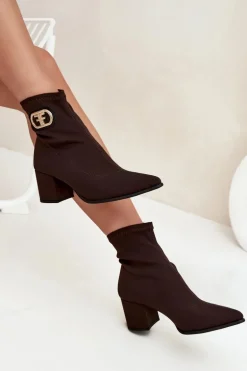 Botki Damskie Na Słupku Ze Złotym Detalem Zazoo 3128 Czekoladowe