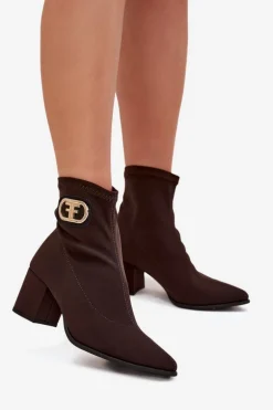 Botki Damskie Na Słupku Ze Złotym Detalem Zazoo 3128 Czekoladowe