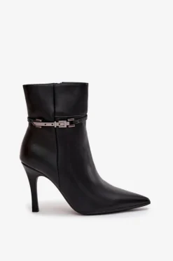 Botki Damskie Na Szpilce Z Paskiem I Srebrnym Elementem Ocieplane Czarne Bellisse