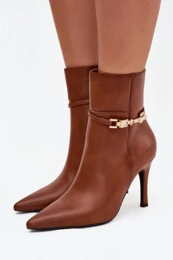 Botki Damskie Na Szpilce Z Paskiem I Złotym Elementem Ocieplane Camel Bellisse