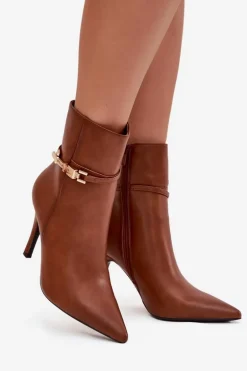 Botki Damskie Na Szpilce Z Paskiem I Złotym Elementem Ocieplane Camel Bellisse