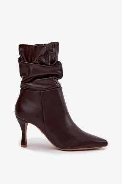Botki Damskie Na Szpilce Z Marszczoną Cholewką Zamek Czekoladowe Ulisse
