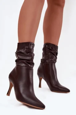 Botki Damskie Na Szpilce Z Marszczoną Cholewką Zamek Czekoladowe Ulisse