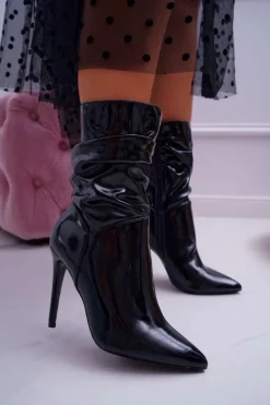 Botki Damskie Na Szpilce W Szpic Lakierowane Czarne Heaven Step