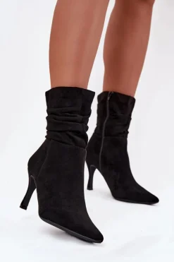 Botki Damskie Na Szpilce Z Marszczoną Cholewką Eko Zamszowe Zamek Czarne Ulisse