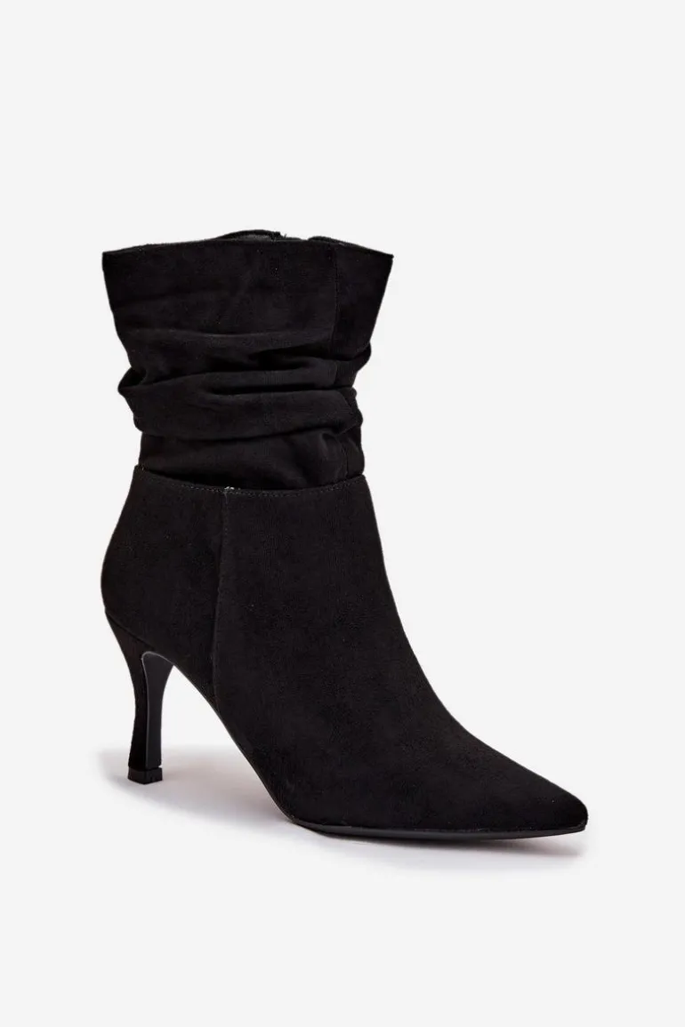 Botki Damskie Na Szpilce Z Marszczoną Cholewką Eko Zamszowe Zamek Czarne Ulisse