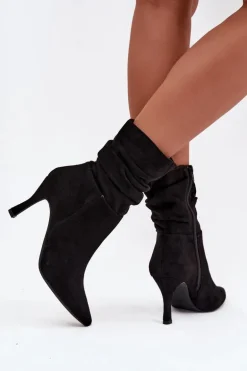 Botki Damskie Na Szpilce Z Marszczoną Cholewką Eko Zamszowe Zamek Czarne Ulisse