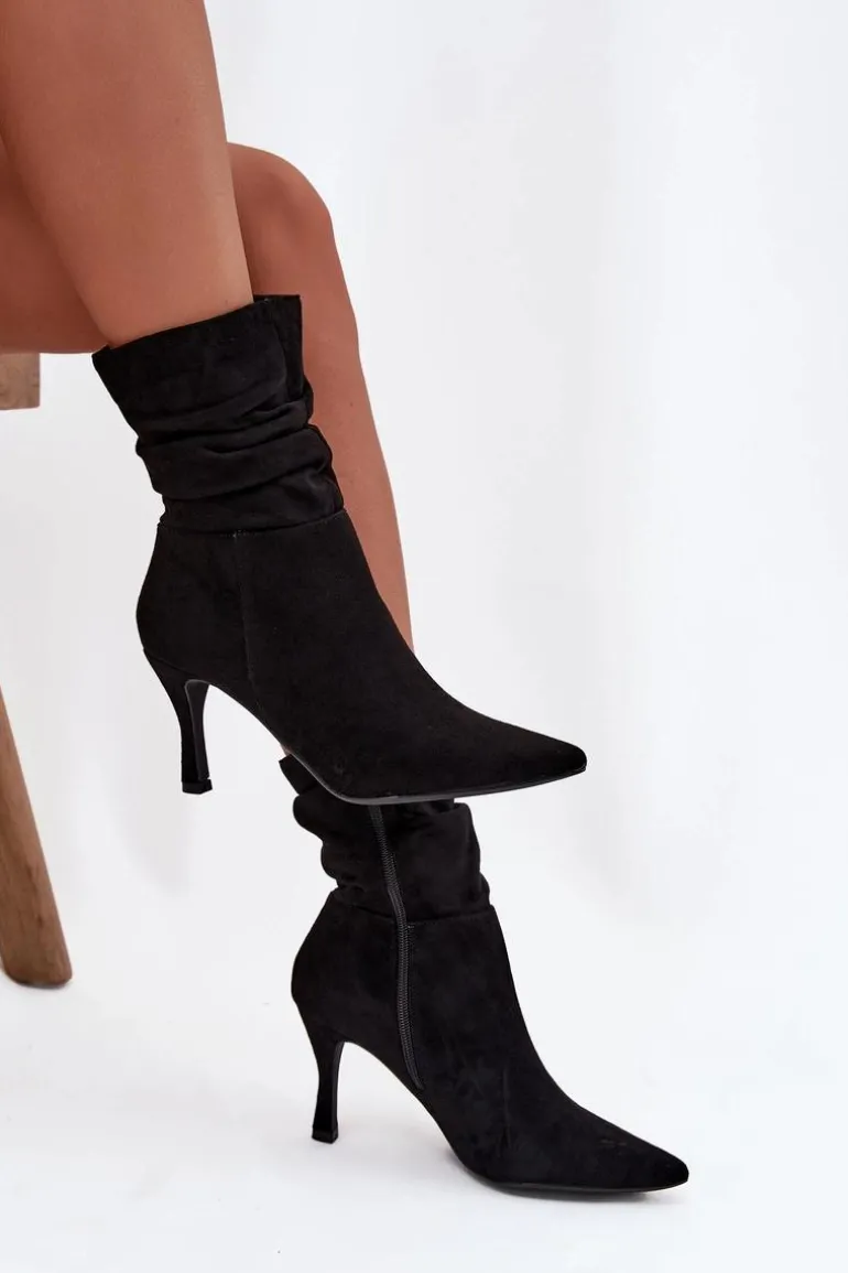 Botki Damskie Na Szpilce Z Marszczoną Cholewką Eko Zamszowe Zamek Czarne Ulisse