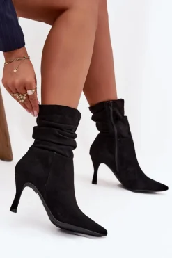 Botki Damskie Na Szpilce Z Marszczoną Cholewką Eko Zamszowe Zamek Czarne Ulisse