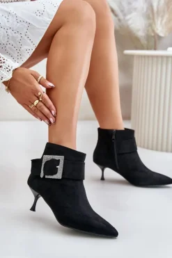 Botki Damskie Na Szpilce Z Ozdobną Klamrą Czarne Nirilis