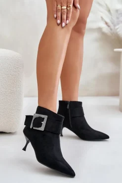Botki Damskie Na Szpilce Z Ozdobną Klamrą Czarne Nirilis
