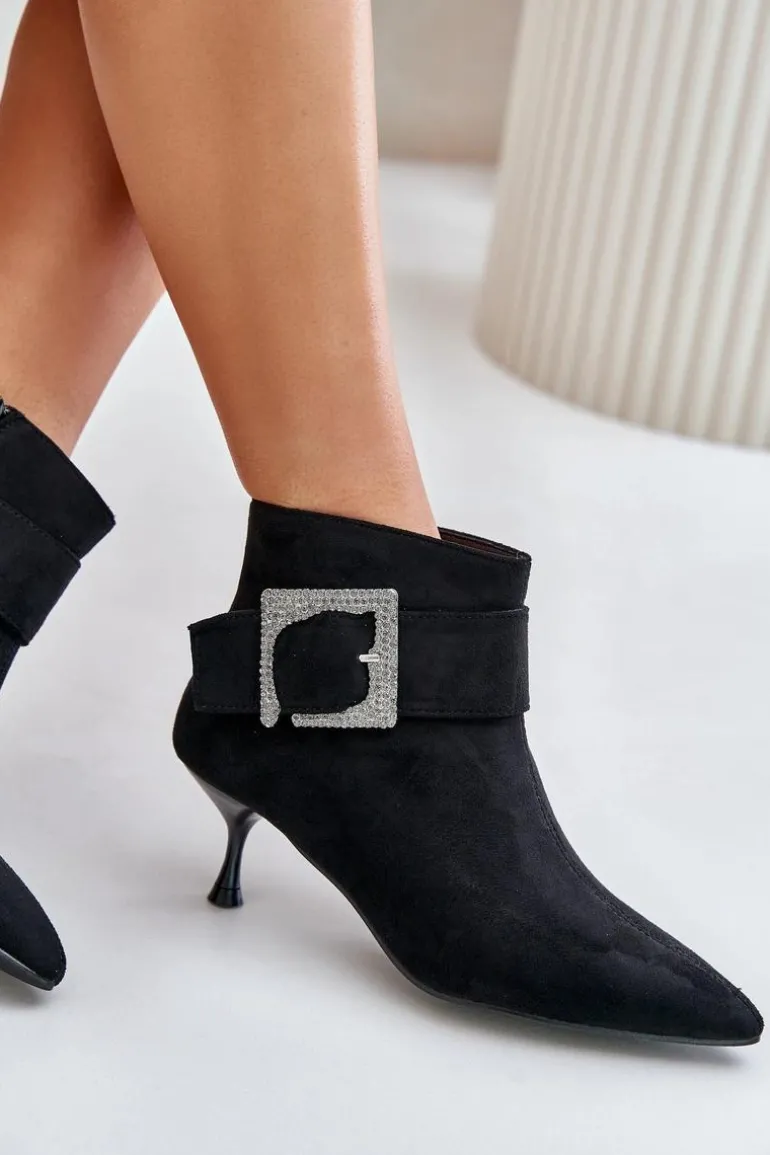 Botki Damskie Na Szpilce Z Ozdobną Klamrą Czarne Nirilis