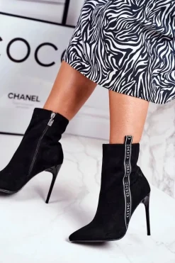 Botki Damskie Na Szpilce Zamszowe Czarne GG2N3005