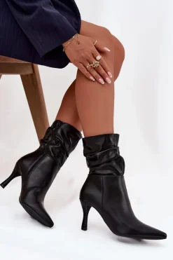 Botki Damskie Na Szpilce Z Marszczoną Cholewką Zamek Czarne Ulisse
