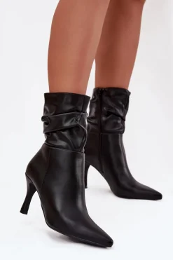 Botki Damskie Na Szpilce Z Marszczoną Cholewką Zamek Czarne Ulisse