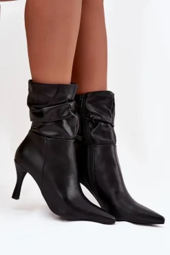 Botki Damskie Na Szpilce Z Marszczoną Cholewką Zamek Czarne Ulisse